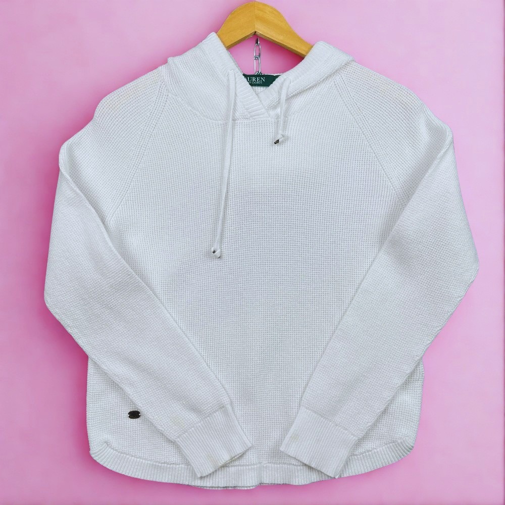 Lauren Ralph Lauren Cotton Knit Hoodie Ivory Sweater Waffle Texture Womens XL